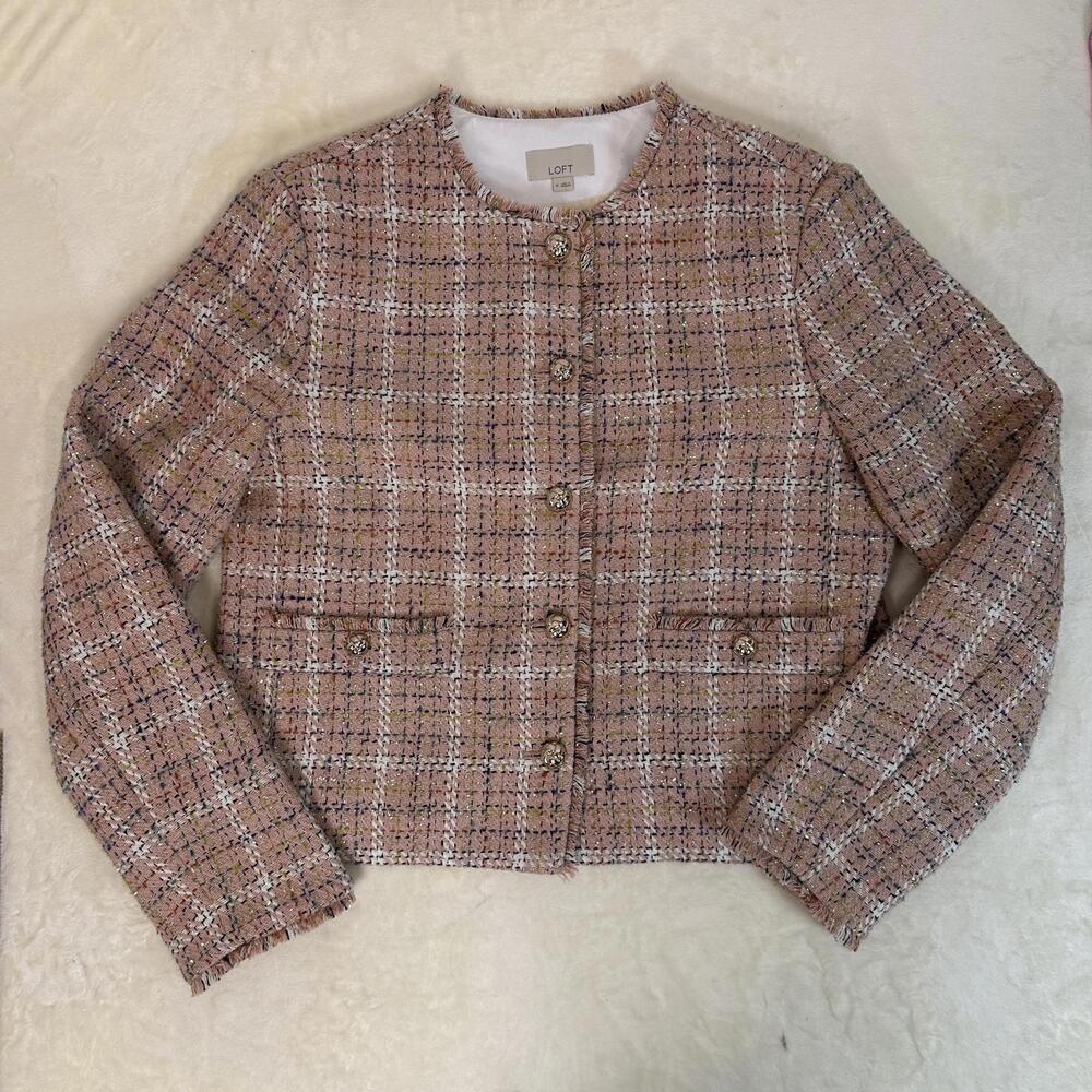 Loft Sz M Pink Gold Metallic Tweed Blazer Frayed Hem Corpcore Office Work Easter - Picture 1 of 6